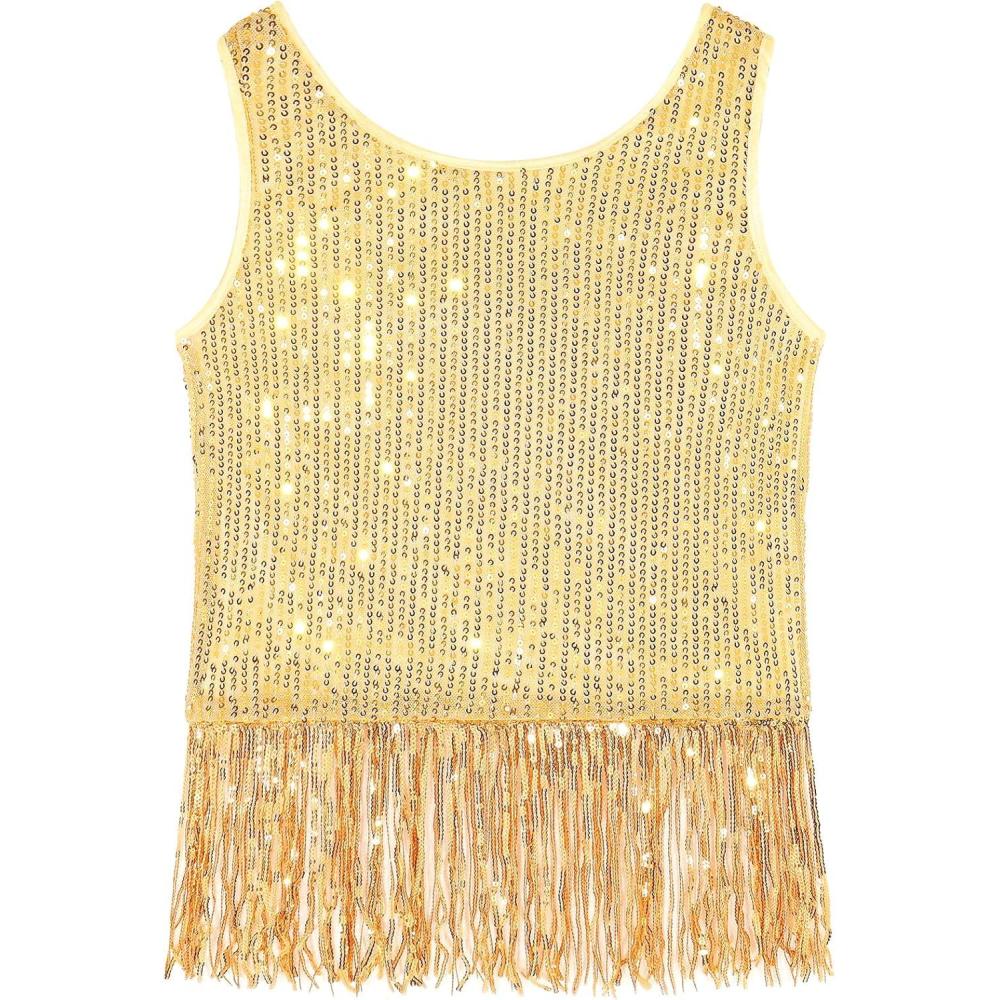 imageNoomelfish Girls Sequin Fringe Crop Tops Tassel Sparkly Glitter Dance Sleeveless Tank Shirt 512 YearsGold Yellow