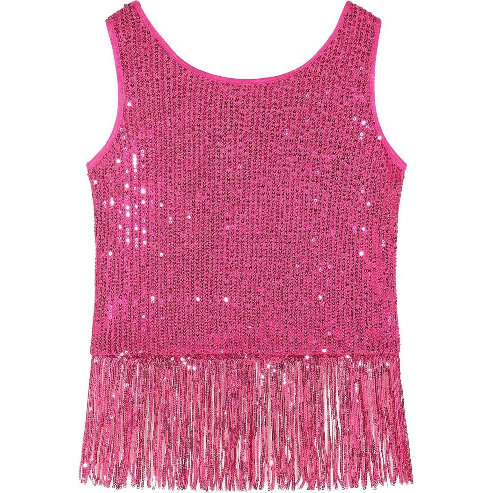 imageNoomelfish Girls Sequin Fringe Crop Tops Tassel Sparkly Glitter Dance Sleeveless Tank Shirt 512 YearsHot Pink