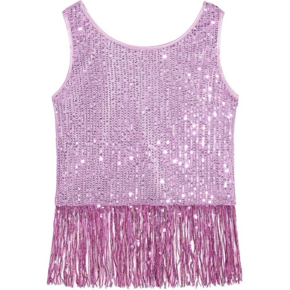 imageNoomelfish Girls Sequin Fringe Crop Tops Tassel Sparkly Glitter Dance Sleeveless Tank Shirt 512 YearsLight Purple