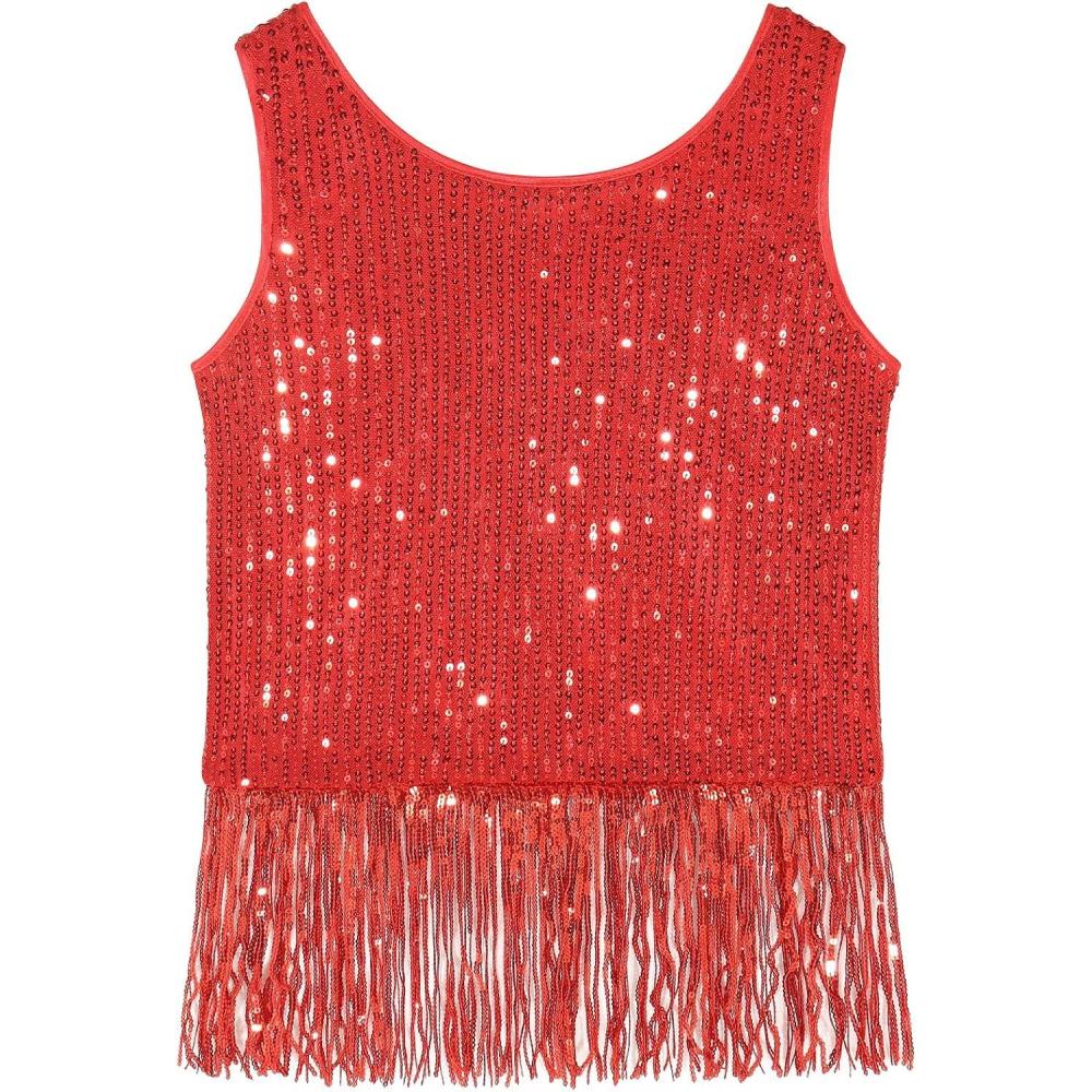 imageNoomelfish Girls Sequin Fringe Crop Tops Tassel Sparkly Glitter Dance Sleeveless Tank Shirt 512 YearsRed