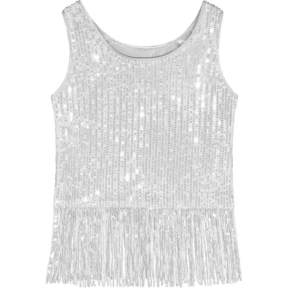 imageNoomelfish Girls Sequin Fringe Crop Tops Tassel Sparkly Glitter Dance Sleeveless Tank Shirt 512 YearsSilver White