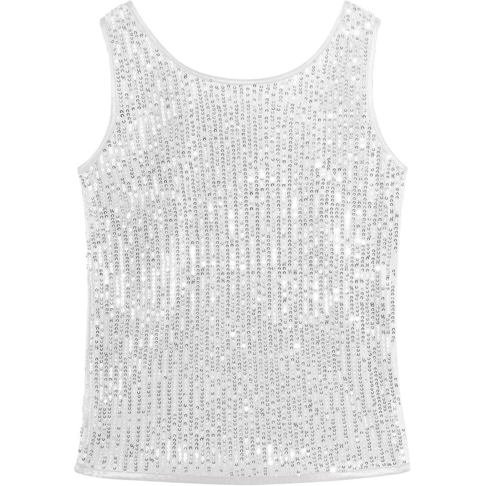 imageNoomelfish Girls Sequin Tank Tops Sparkly Glitter Dance Sleeveless Shirt 512 YearsSilver White