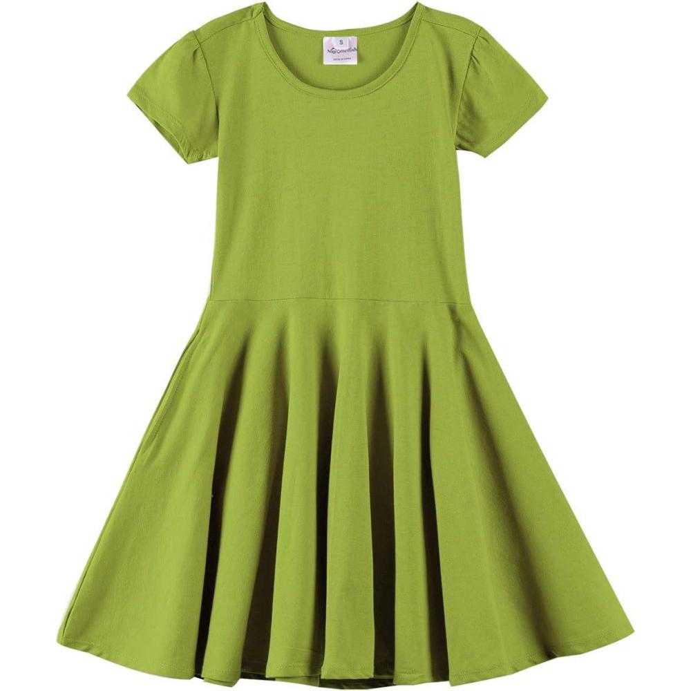 imageNoomelfish Girls Short Puff Sleeve Dress Summer Casual Knit Swing Twirl Skater Dresses with Pockets 212 YearsAvocado Green