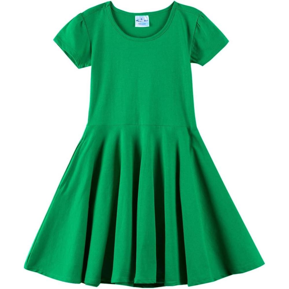 imageNoomelfish Girls Short Puff Sleeve Dress Summer Casual Knit Swing Twirl Skater Dresses with Pockets 212 YearsGreen