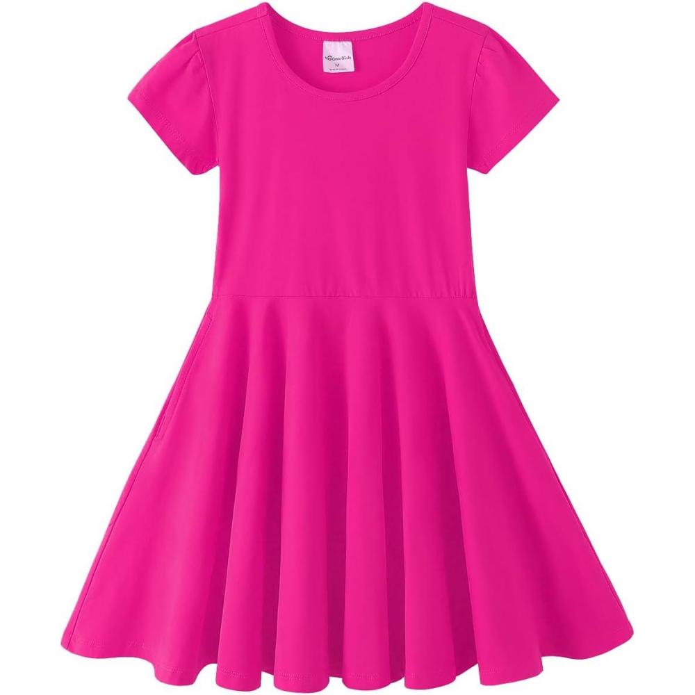 imageNoomelfish Girls Short Puff Sleeve Dress Summer Casual Knit Swing Twirl Skater Dresses with Pockets 212 YearsHot Pink