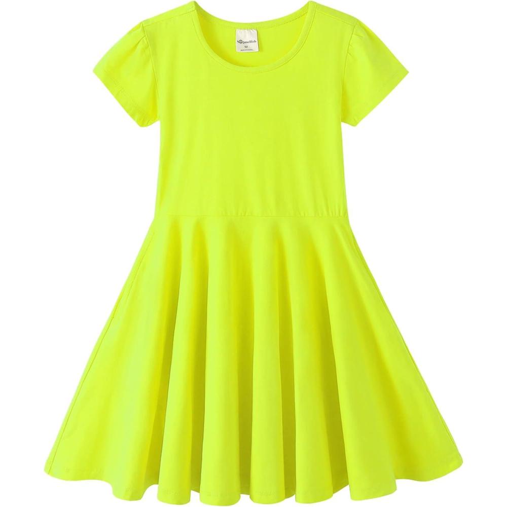 imageNoomelfish Girls Short Puff Sleeve Dress Summer Casual Knit Swing Twirl Skater Dresses with Pockets 212 YearsNeon Yellow