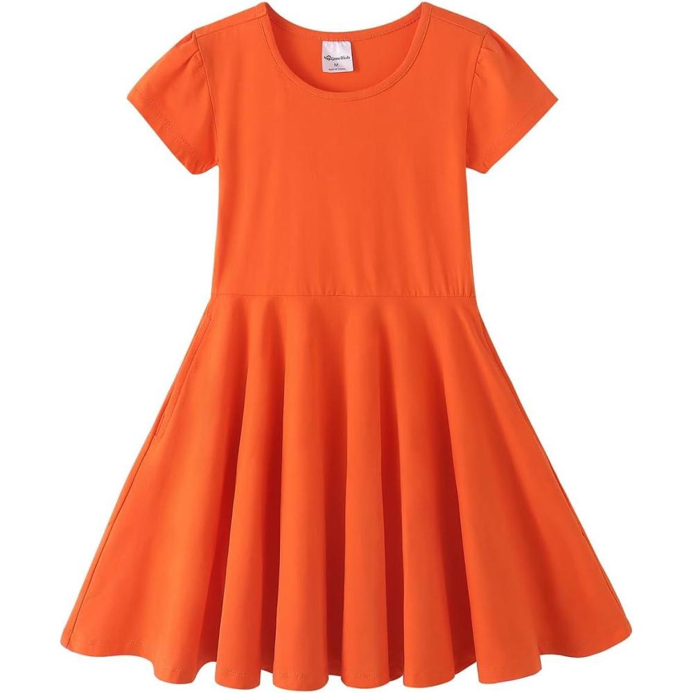 imageNoomelfish Girls Short Puff Sleeve Dress Summer Casual Knit Swing Twirl Skater Dresses with Pockets 212 YearsOrange