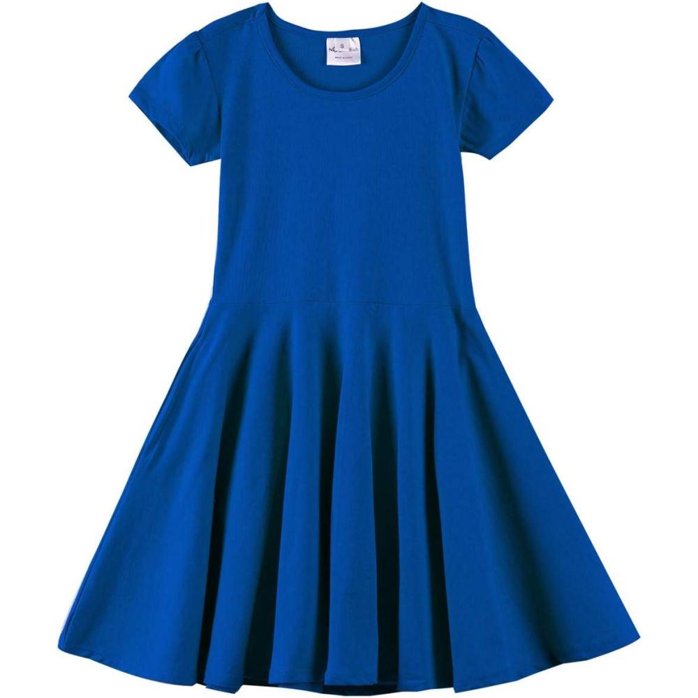 imageNoomelfish Girls Short Puff Sleeve Dress Summer Casual Knit Swing Twirl Skater Dresses with Pockets 212 YearsRoyal Blue