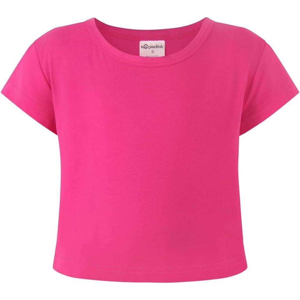 imageNoomelfish Girls Short Sleeve Crop Tops Kids Summer Dance Cropped TShirts 514 YearsHot Pink