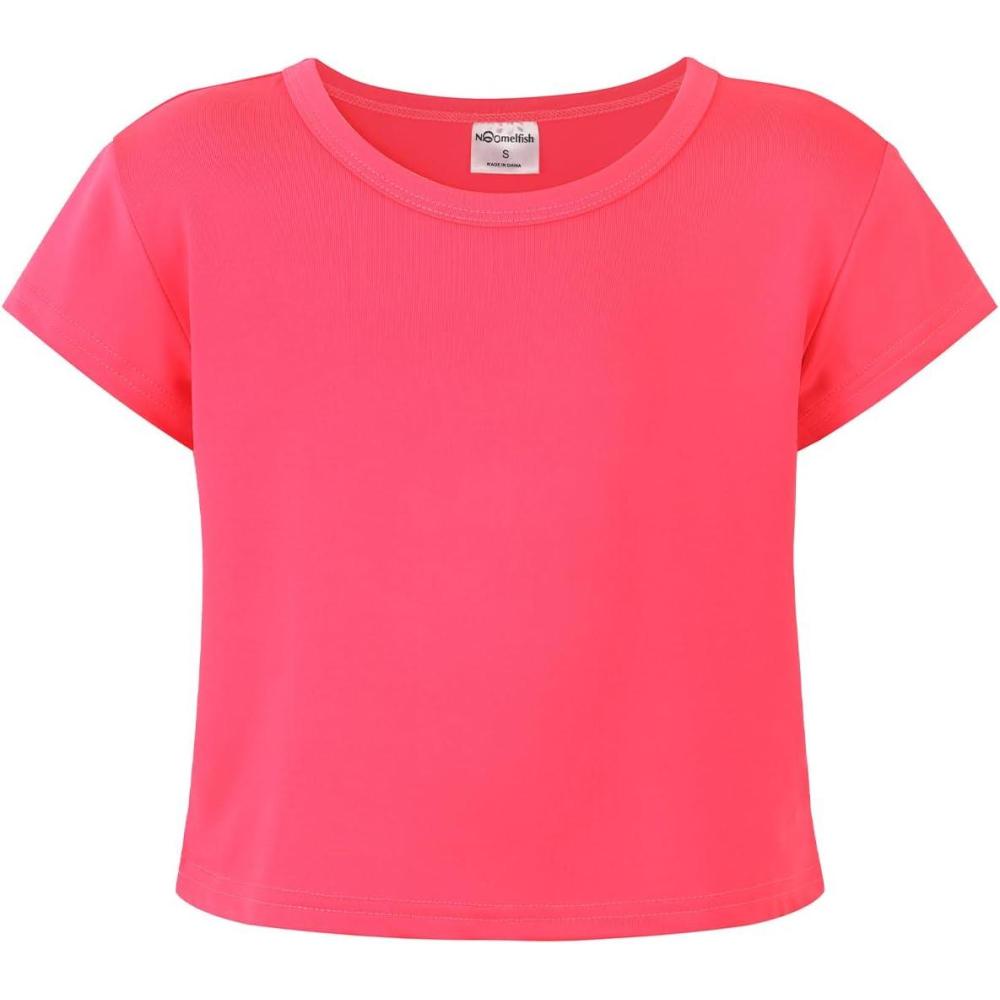 imageNoomelfish Girls Short Sleeve Crop Tops Kids Summer Dance Cropped TShirts 514 YearsNeon Pink