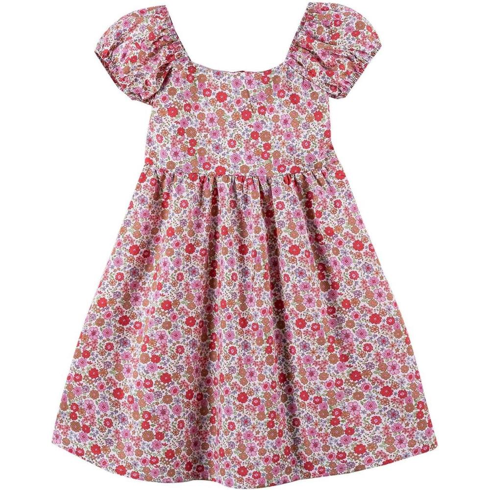 imageNoomelfish Girls Short Sleeve Floral Dress Casual Flower Printed Smocked Dresses 212 YearsRedBrown