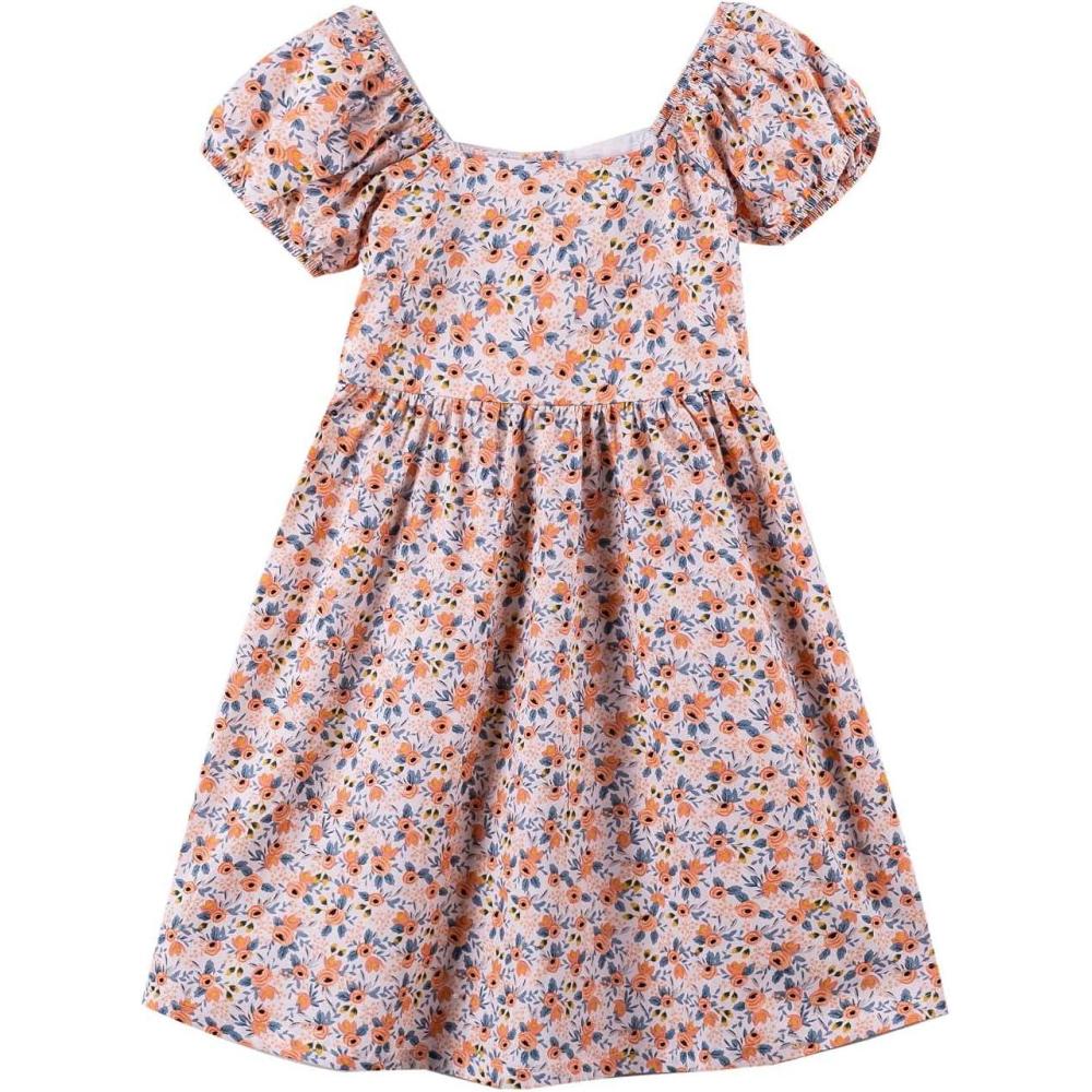 imageNoomelfish Girls Short Sleeve Floral Dress Casual Flower Printed Smocked Dresses 212 YearsSmall Orange