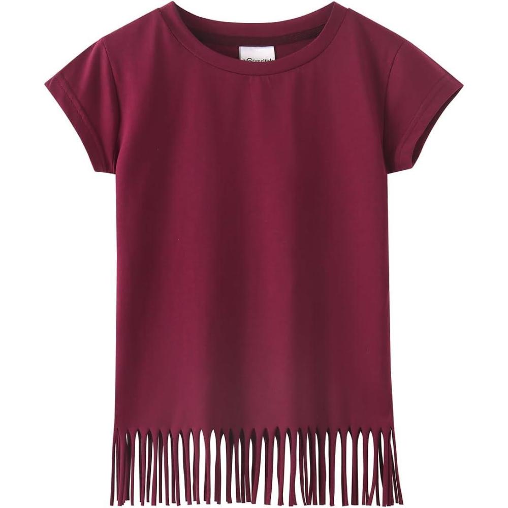 imageNoomelfish Girls Short Sleeve Fringe TShirts Soft Jersey Cotton Tee Tops 312 YearsBurgundy