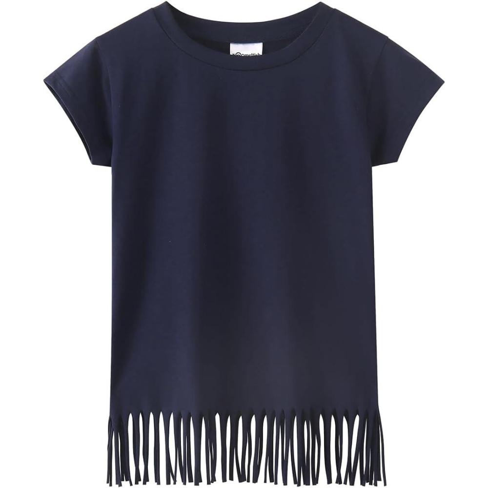 imageNoomelfish Girls Short Sleeve Fringe TShirts Soft Jersey Cotton Tee Tops 312 YearsNavy Blue