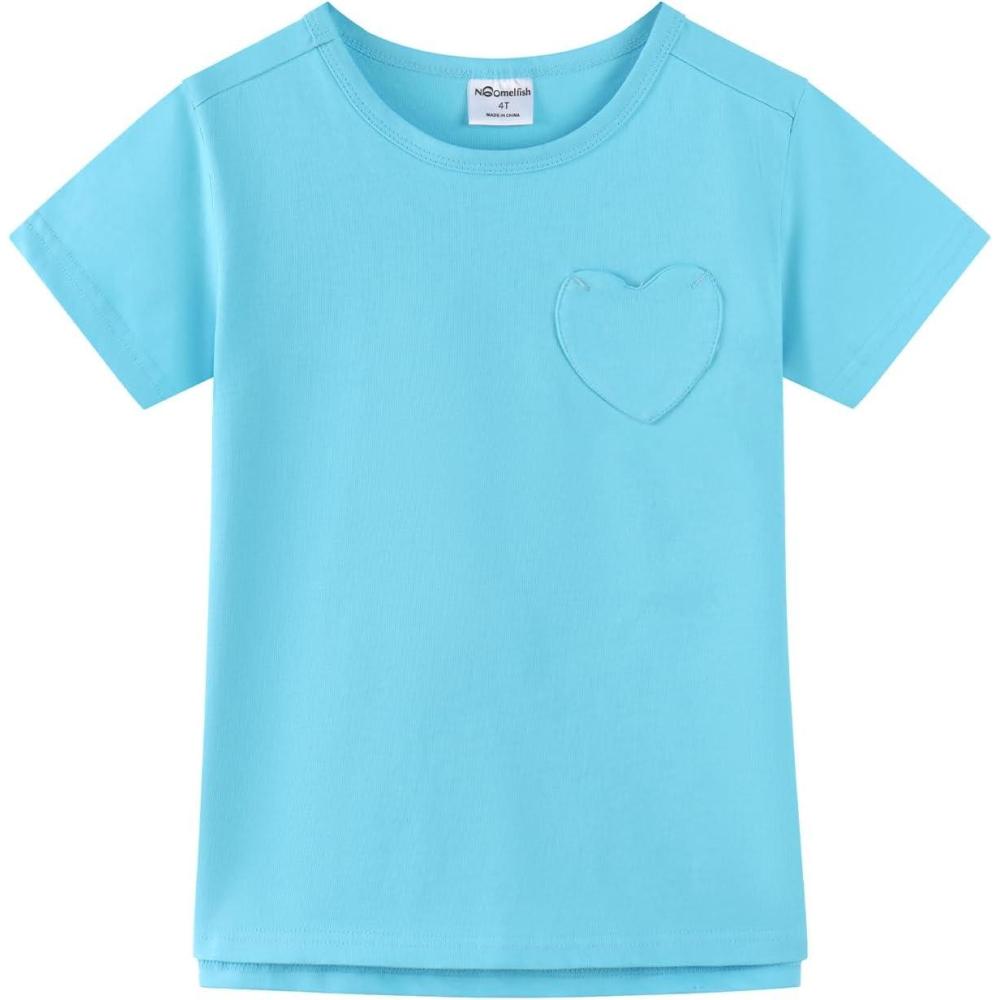 imageNoomelfish Girls Short Sleeve Heart Pocket TShirts Casual Cotton Tee Tops Blouse 512 YearsBlue