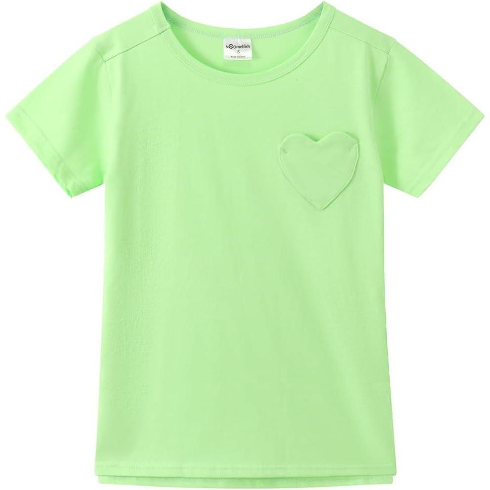 imageNoomelfish Girls Short Sleeve Heart Pocket TShirts Casual Cotton Tee Tops Blouse 512 YearsLight Green