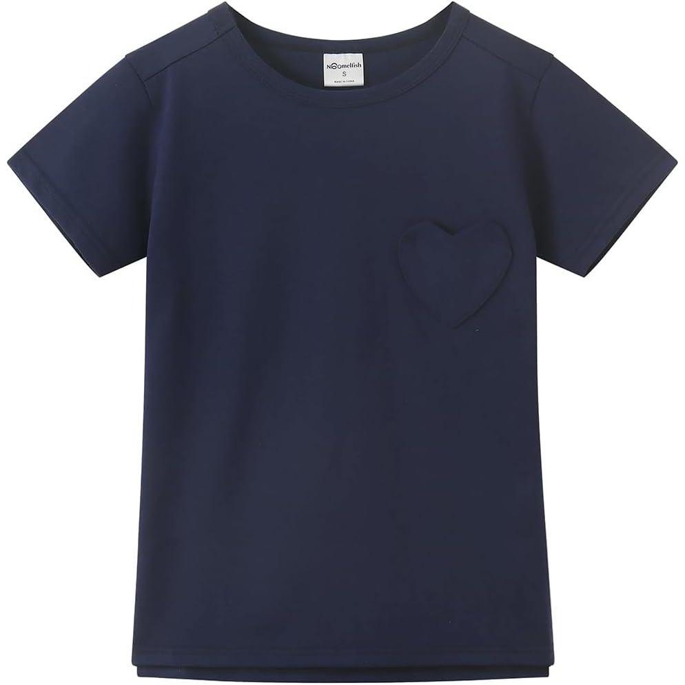 imageNoomelfish Girls Short Sleeve Heart Pocket TShirts Casual Cotton Tee Tops Blouse 512 YearsNavy Blue
