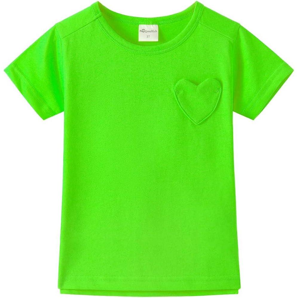 imageNoomelfish Girls Short Sleeve Heart Pocket TShirts Casual Cotton Tee Tops Blouse 512 YearsNeon Green