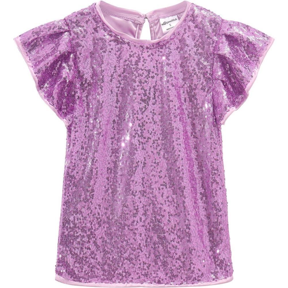 imageNoomelfish Girls Short Sleeve Sequin Shirts Party Glitter Sparkly Tops Blouse 512 YearsLight Purple