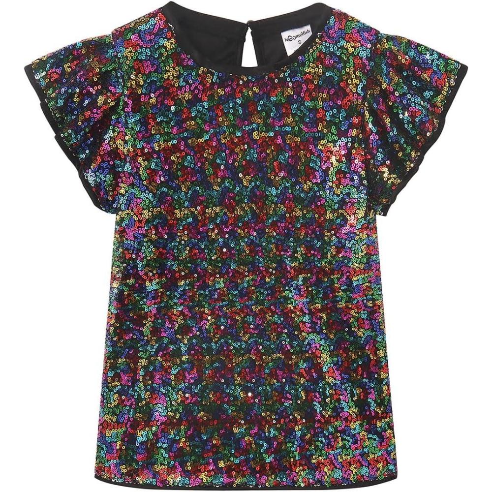 imageNoomelfish Girls Short Sleeve Sequin Shirts Party Glitter Sparkly Tops Blouse 512 YearsRainbow Black