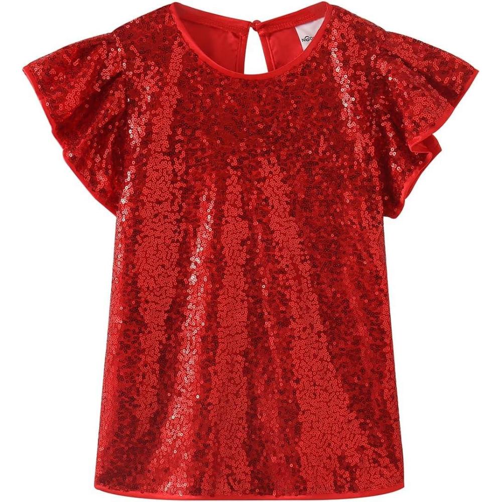 imageNoomelfish Girls Short Sleeve Sequin Shirts Party Glitter Sparkly Tops Blouse 512 YearsRed
