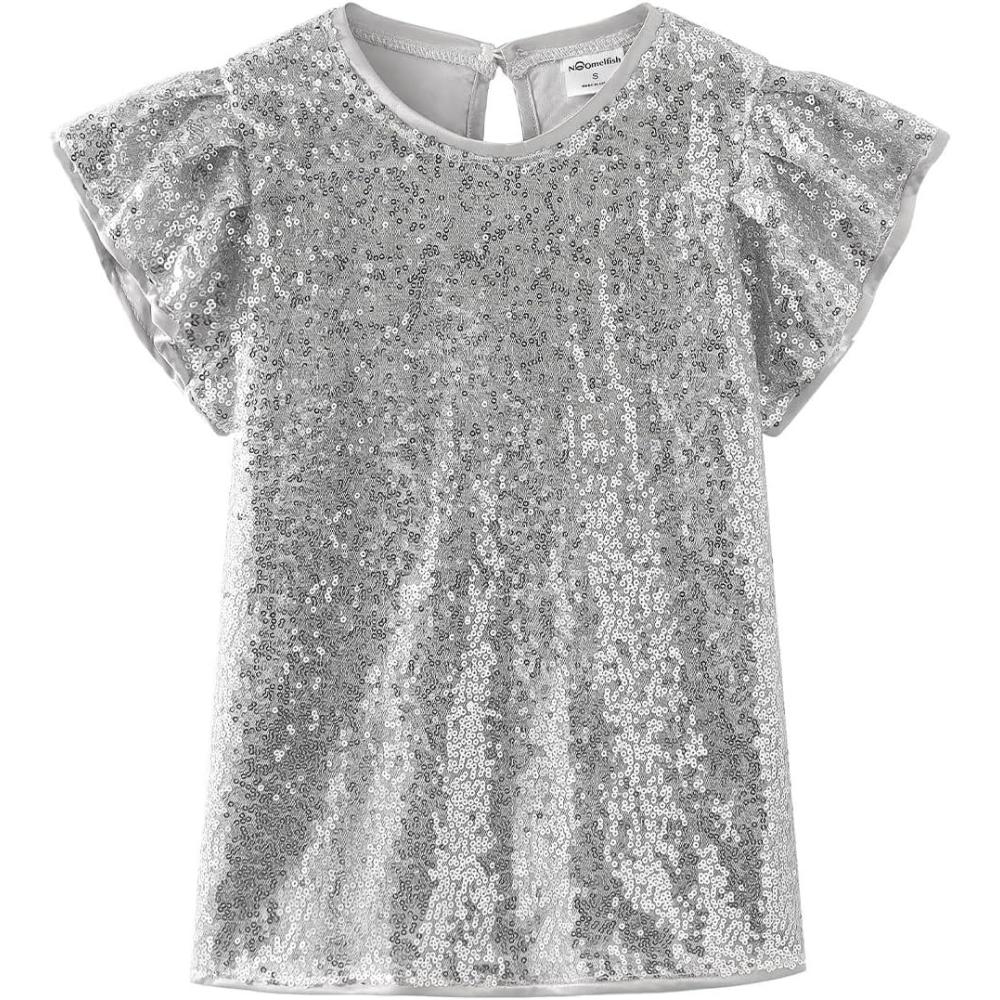imageNoomelfish Girls Short Sleeve Sequin Shirts Party Glitter Sparkly Tops Blouse 512 YearsSilver White