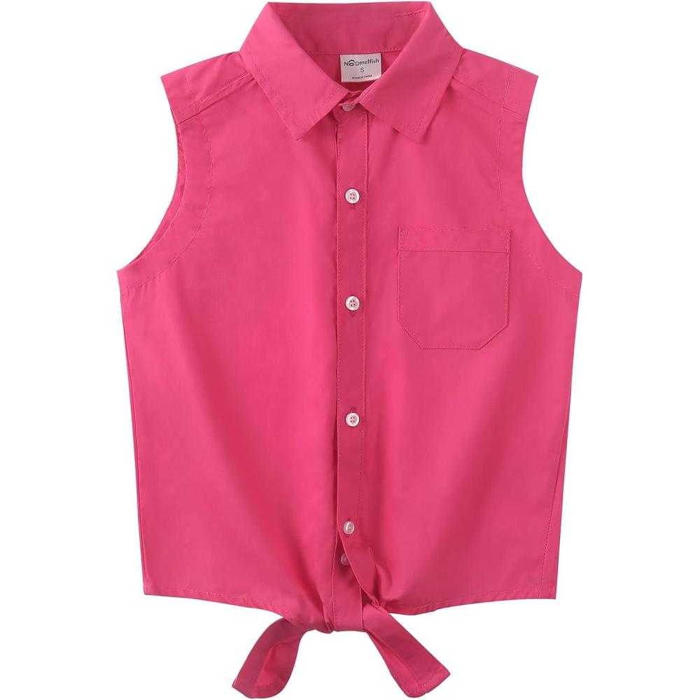 imageNoomelfish Girls Sleeveless Button Down Shirt Tie Knot Blouse Tank Tops 512 YearsHot Pink