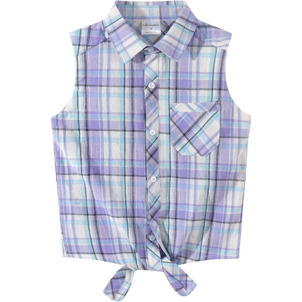 imageNoomelfish Girls Sleeveless Button Down Shirt Tie Knot Blouse Tank Tops 512 YearsPlaid Light Purple