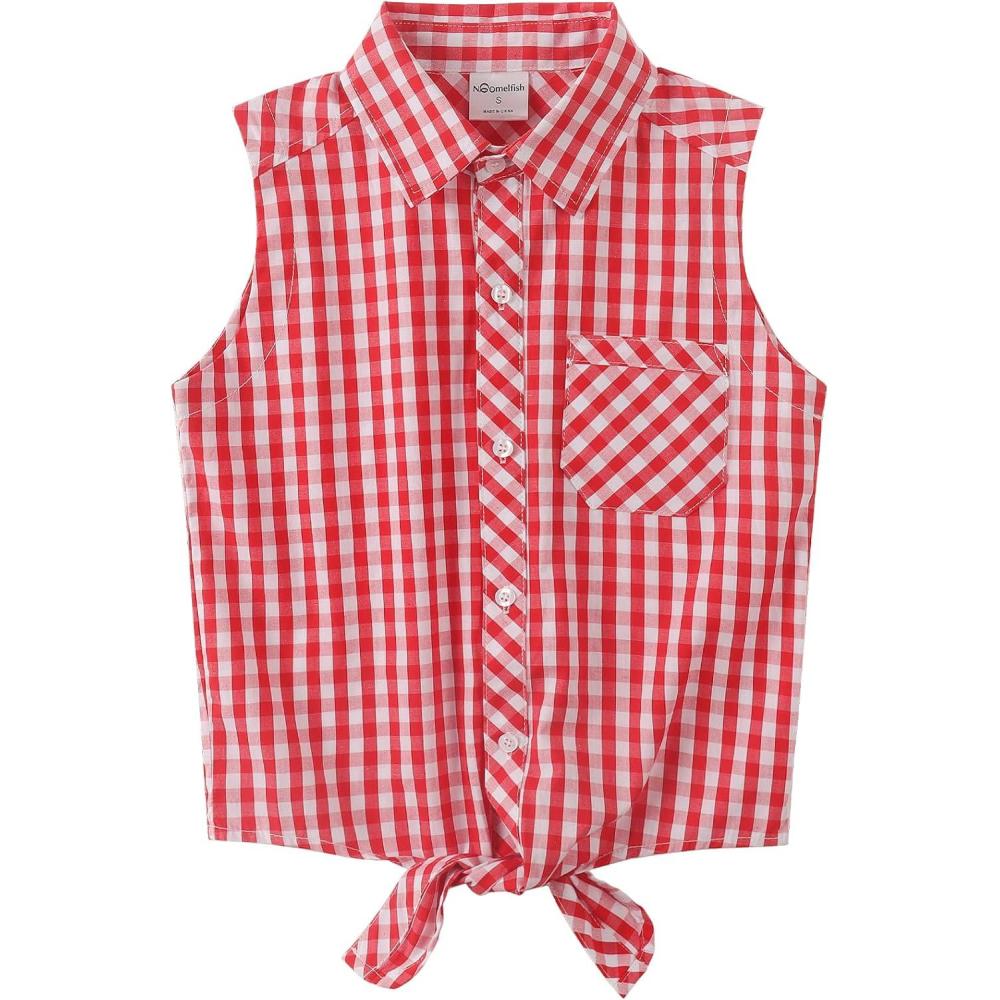 imageNoomelfish Girls Sleeveless Button Down Shirt Tie Knot Blouse Tank Tops 512 YearsRed Check Gingham