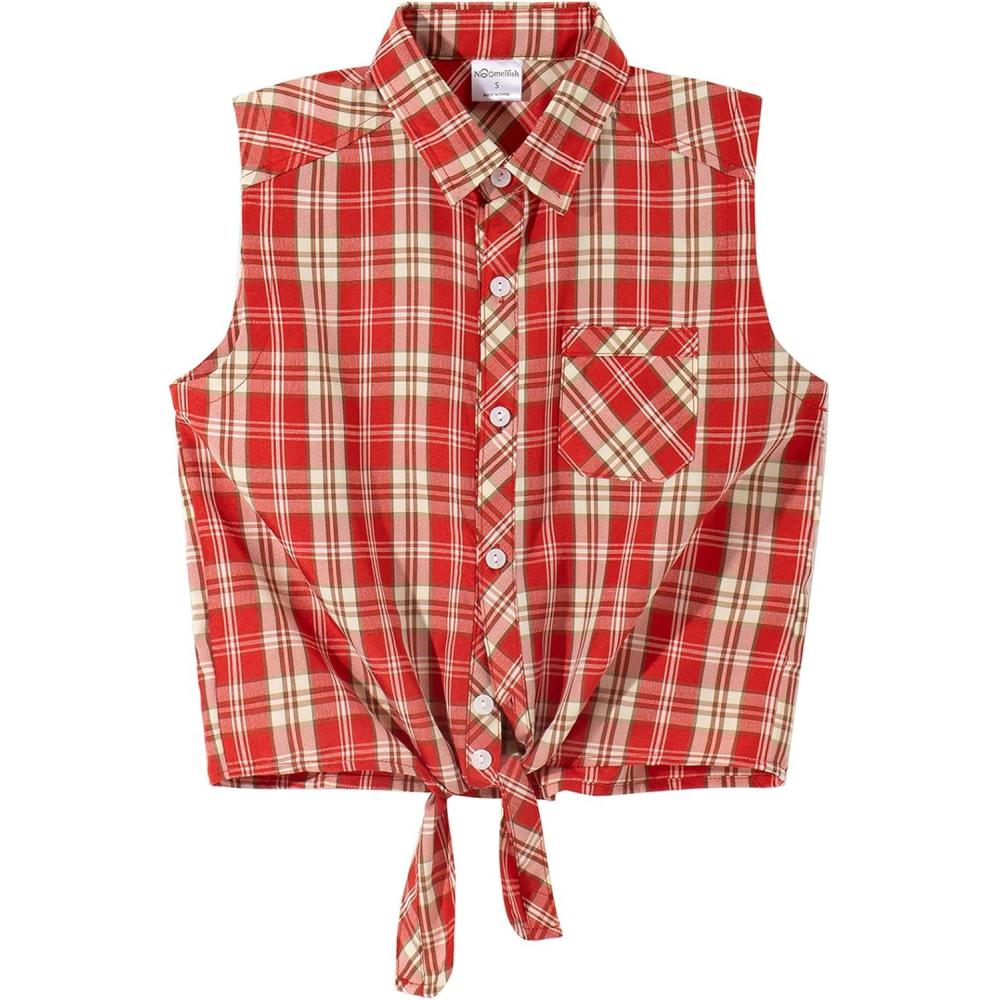 imageNoomelfish Girls Sleeveless Button Down Shirt Tie Knot Blouse Tank Tops 512 YearsRed Plaid