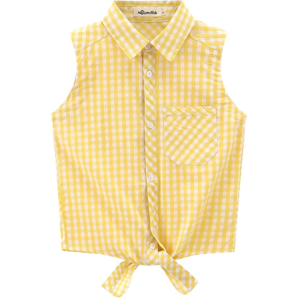 imageNoomelfish Girls Sleeveless Button Down Shirt Tie Knot Blouse Tank Tops 512 YearsYellow Check Gingham