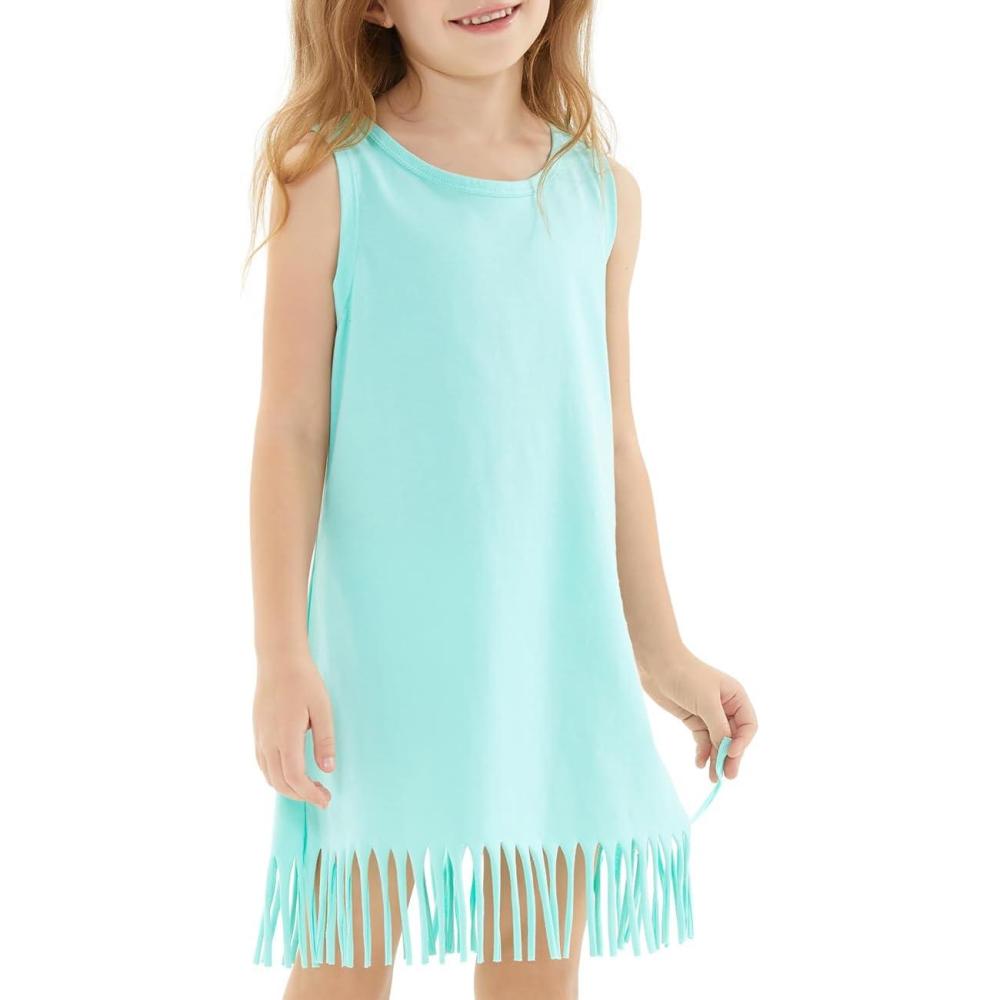 imageNoomelfish Girls Sleeveless Fringe Dress Cotton Summer Casual Sundress 312 YearsLight Green