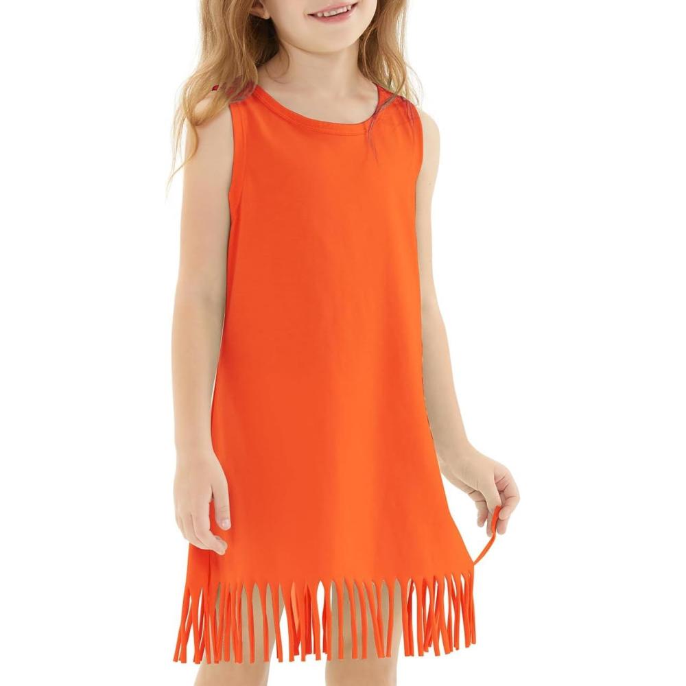 imageNoomelfish Girls Sleeveless Fringe Dress Cotton Summer Casual Sundress 312 YearsOrange