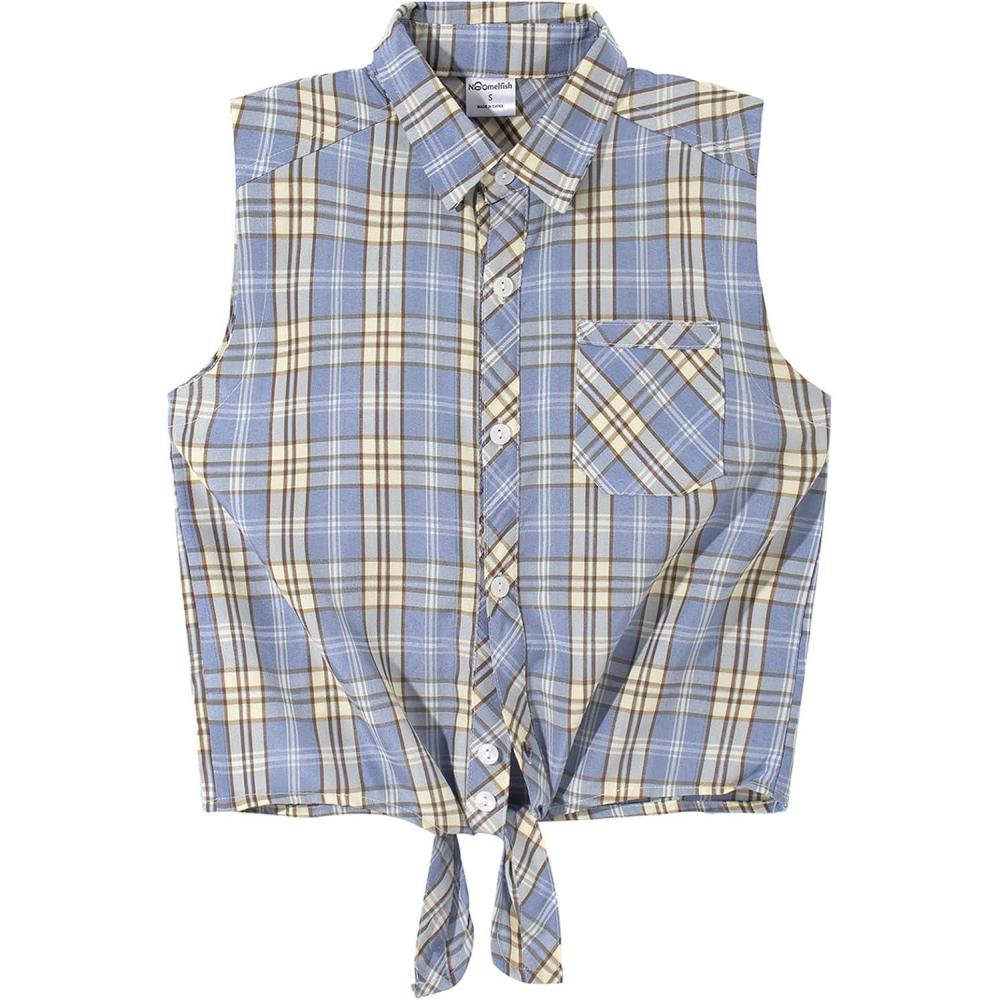 imageNoomelfish Girls Sleeveless Plaid Button Down Shirt Tie Knot Blouse Tank Tops Blue Plaid Size 56 Years