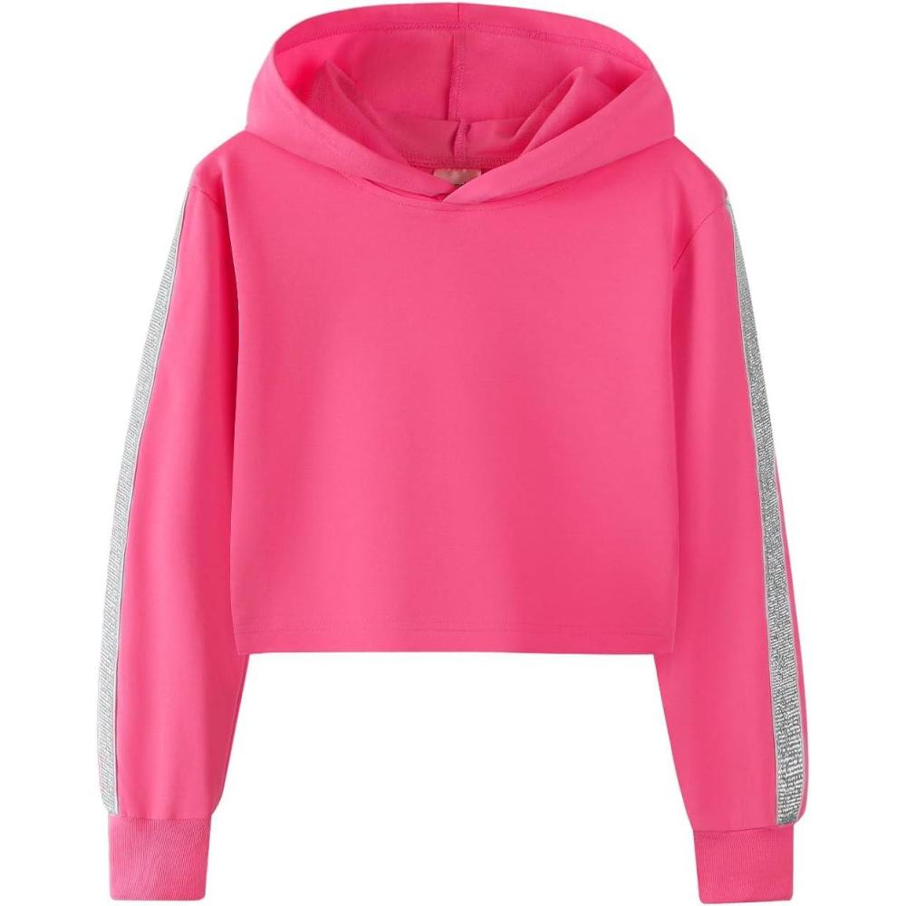 imageNoomelfish Girls Sparkle Long Sleeve Crop Tops Cropped Hoodies Pullover Sweatshirts 514 YearsHot Pink