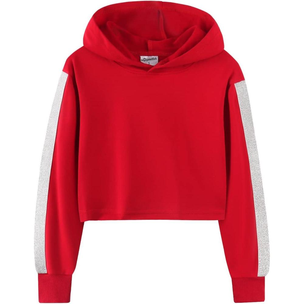 imageNoomelfish Girls Sparkle Long Sleeve Crop Tops Cropped Hoodies Pullover Sweatshirts 514 YearsRed