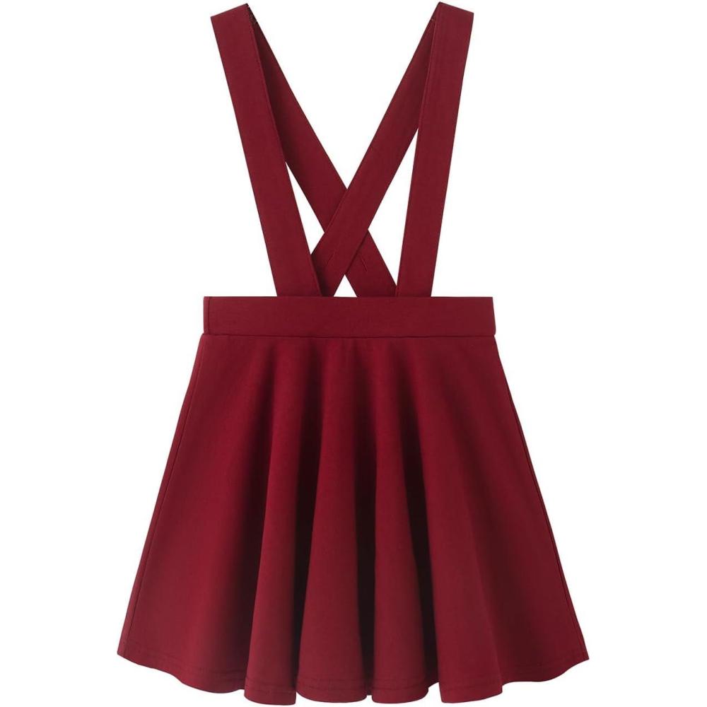 imageNoomelfish Girls Suspender Skater Skirt Stretchy Cotton Flared Overall Dress 412 YearsBurgundy