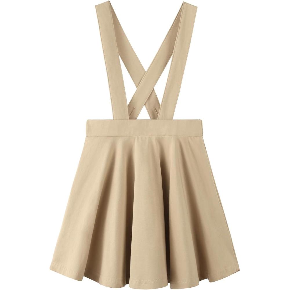 imageNoomelfish Girls Suspender Skater Skirt Stretchy Cotton Flared Overall Dress 412 YearsKhaki