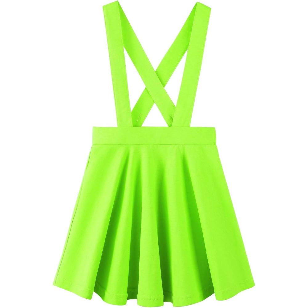 imageNoomelfish Girls Suspender Skater Skirt Stretchy Cotton Flared Overall Dress 412 YearsNeon Green