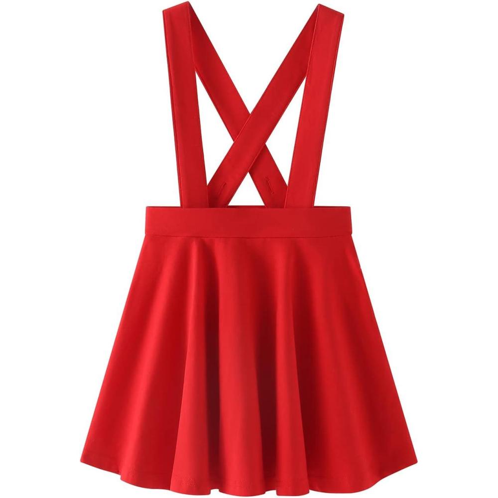 imageNoomelfish Girls Suspender Skater Skirt Stretchy Cotton Flared Overall Dress 412 YearsRed