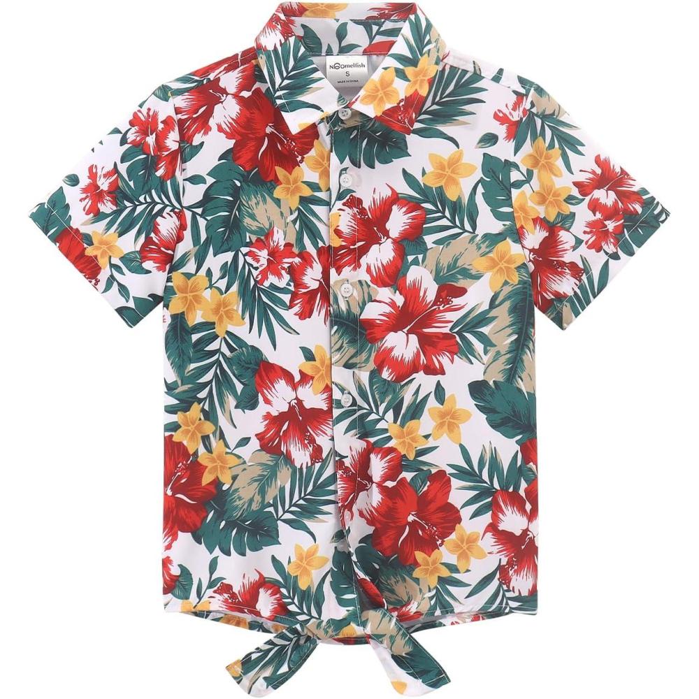 imageNoomelfish Girls Tie Front Hawaiian Shirt Summer Floral Tropic Short Sleeve Button Down Tops 512 YearsWhite Red Yellow Floral