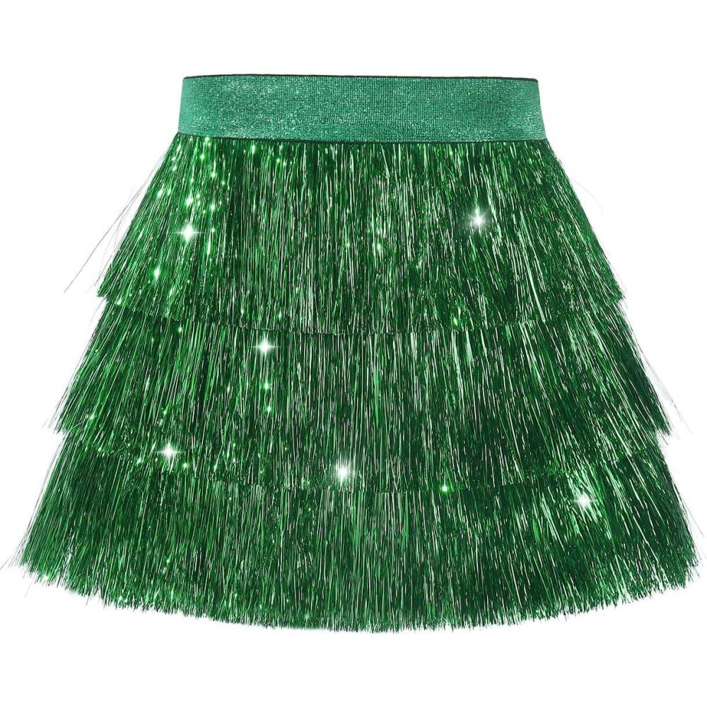 imageNoomelfish Girls Tinsel Fringe Skirt Sparkly Tassel Metallic Party Skirt512 YearsGreen