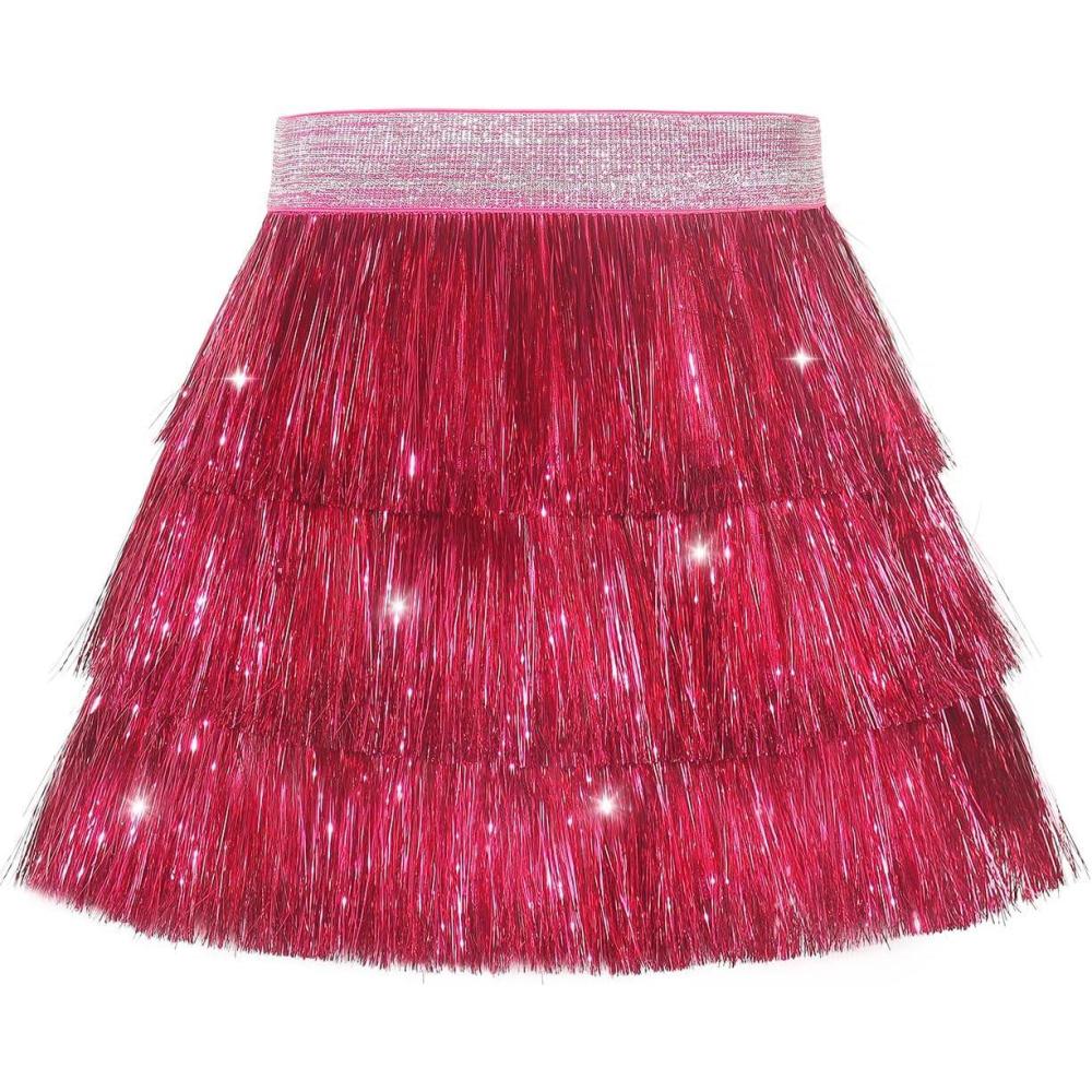 imageNoomelfish Girls Tinsel Fringe Skirt Sparkly Tassel Metallic Party Skirt512 YearsHot Pink
