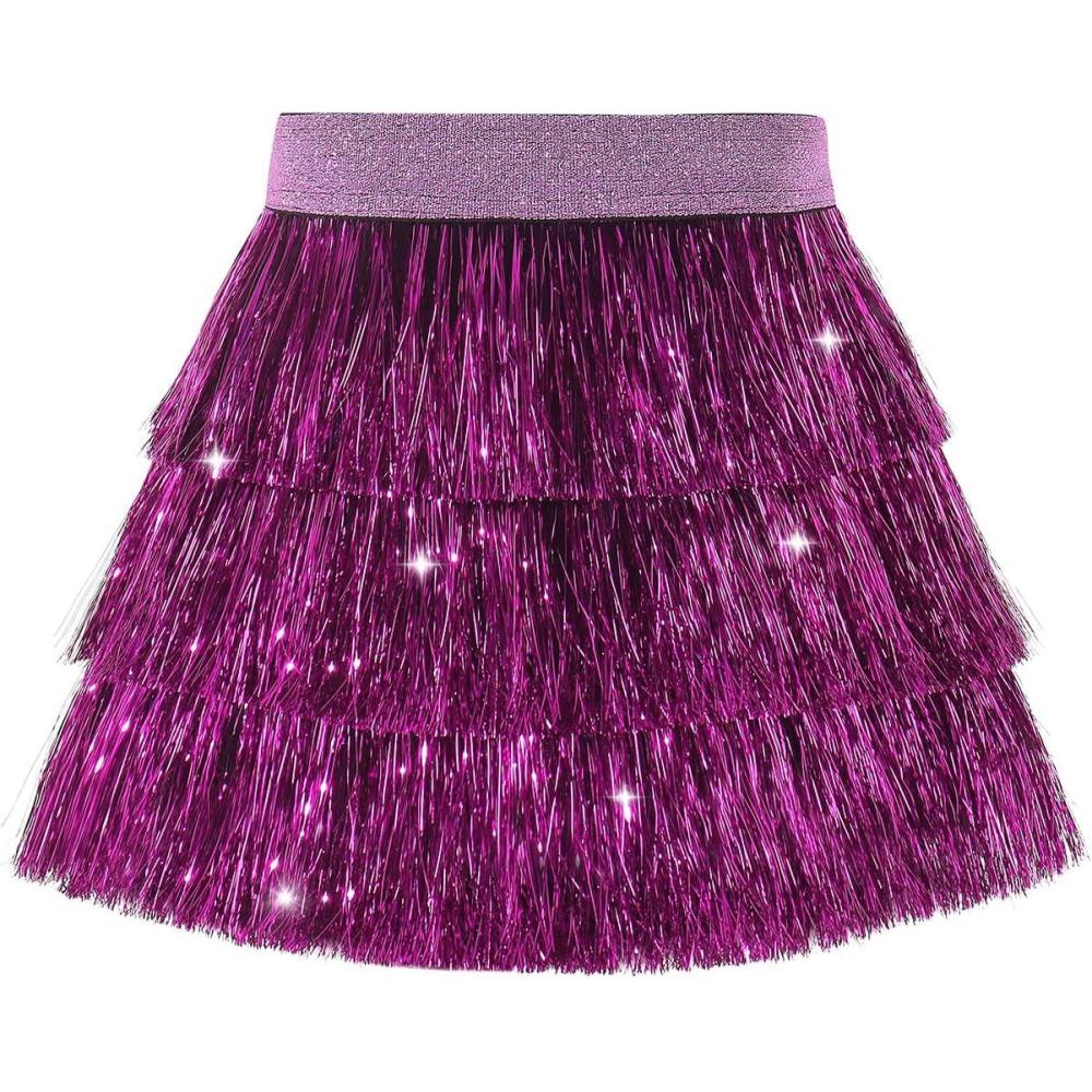 imageNoomelfish Girls Tinsel Fringe Skirt Sparkly Tassel Metallic Party Skirt512 YearsPurple