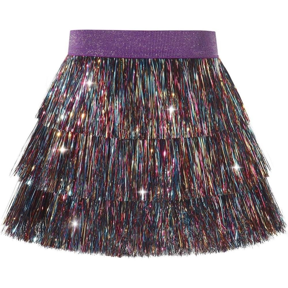 imageNoomelfish Girls Tinsel Fringe Skirt Sparkly Tassel Metallic Party Skirt512 YearsRainbow