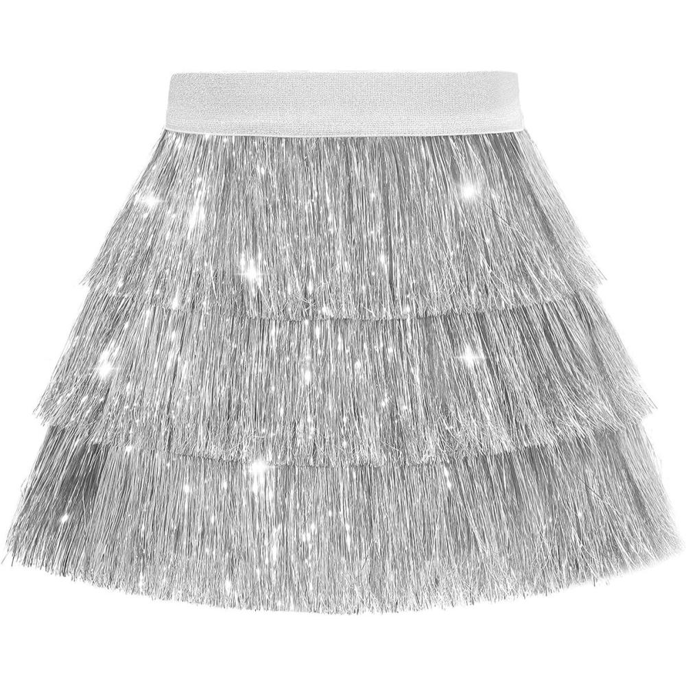 imageNoomelfish Girls Tinsel Fringe Skirt Sparkly Tassel Metallic Party Skirt512 YearsSilver White