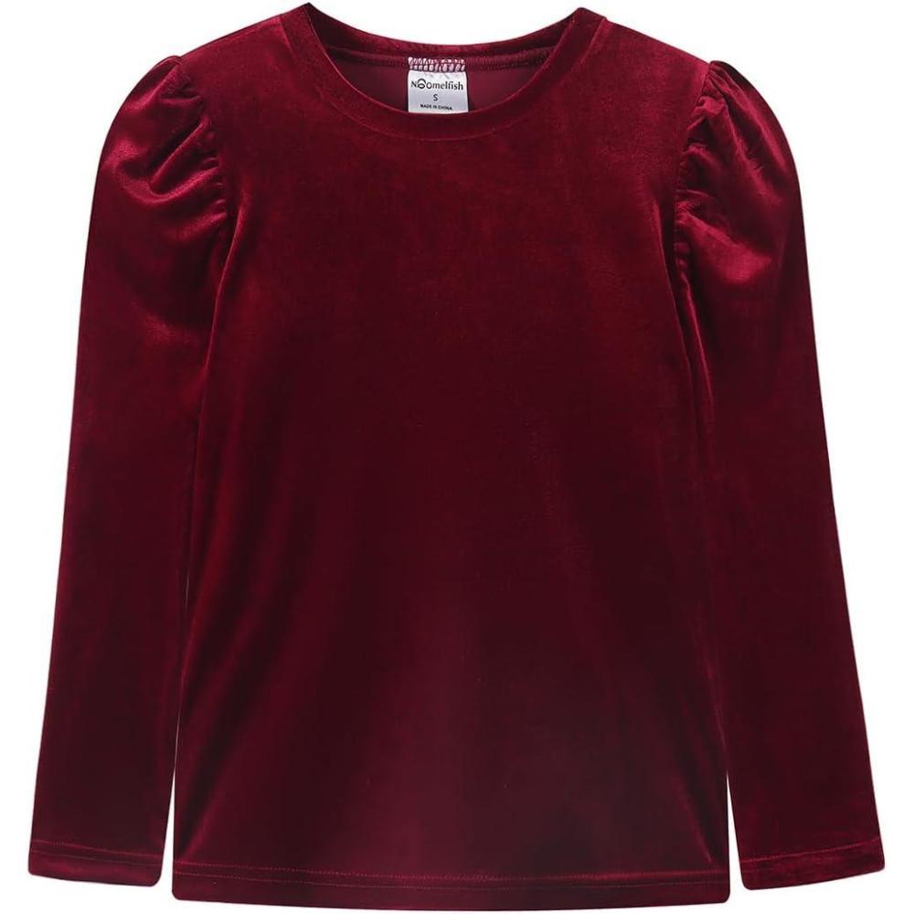 imageNoomelfish Girls Velvet Puff Long Sleeve Shirt Casual Solid Pleated Blouse Tops 512 YearsBurgundy