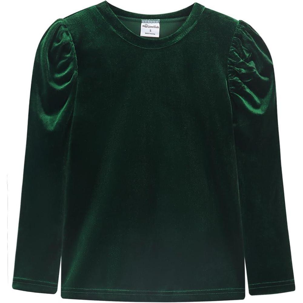 imageNoomelfish Girls Velvet Puff Long Sleeve Shirt Casual Solid Pleated Blouse Tops 512 YearsDark Green