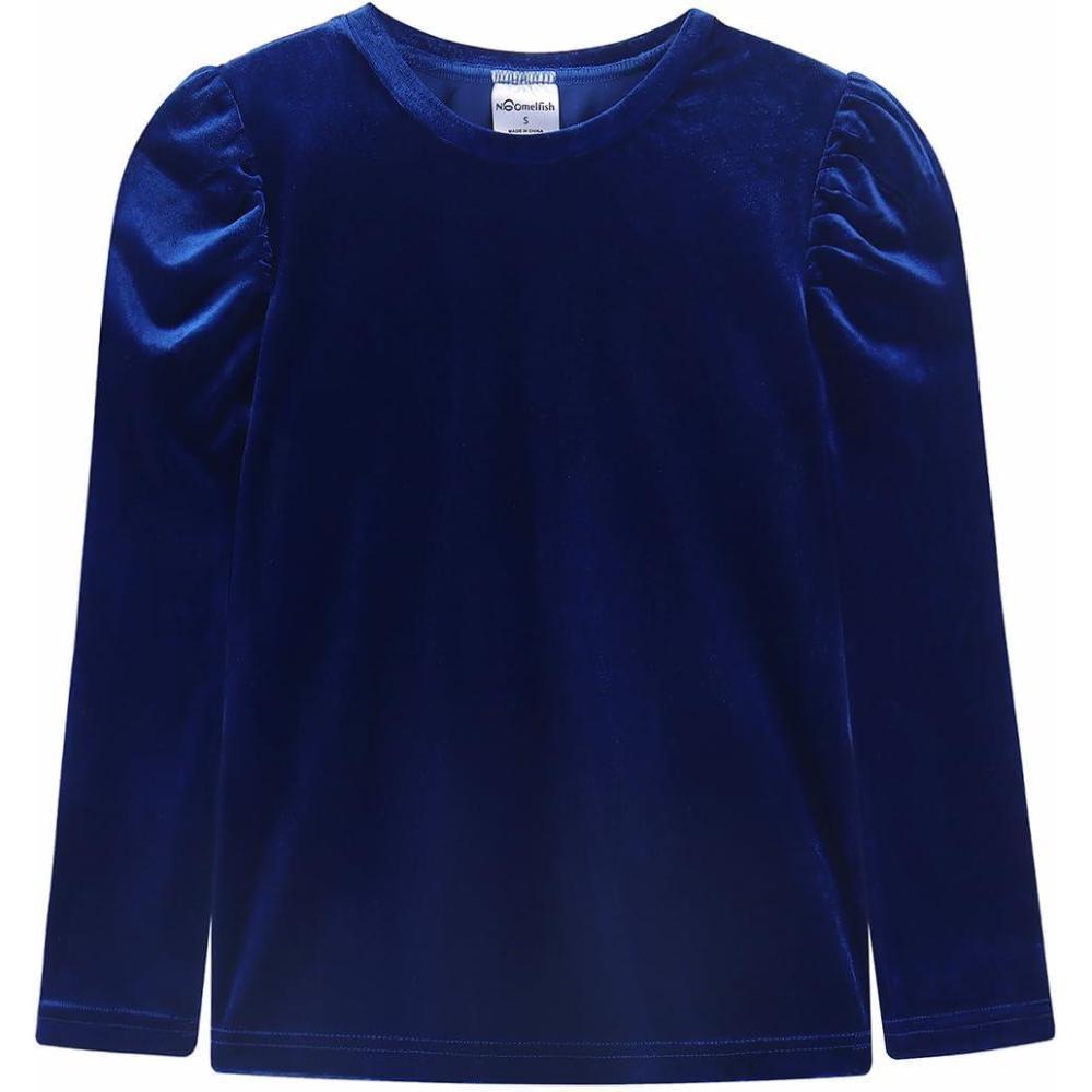 imageNoomelfish Girls Velvet Puff Long Sleeve Shirt Casual Solid Pleated Blouse Tops 512 YearsRoyal Blue