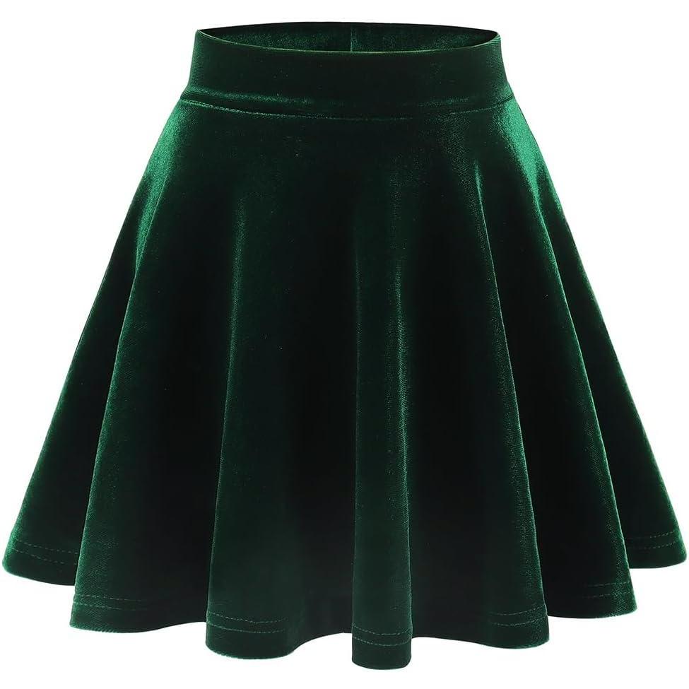 imageNoomelfish Girls Velvet Stretch Mini Flared Pleated Skater Skirt 412 YearsDark Green
